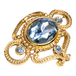 Gold‎ Metal with Faux Aquamarine Stone Brooch Pin Elegant Elaborate Vtg Jewelry